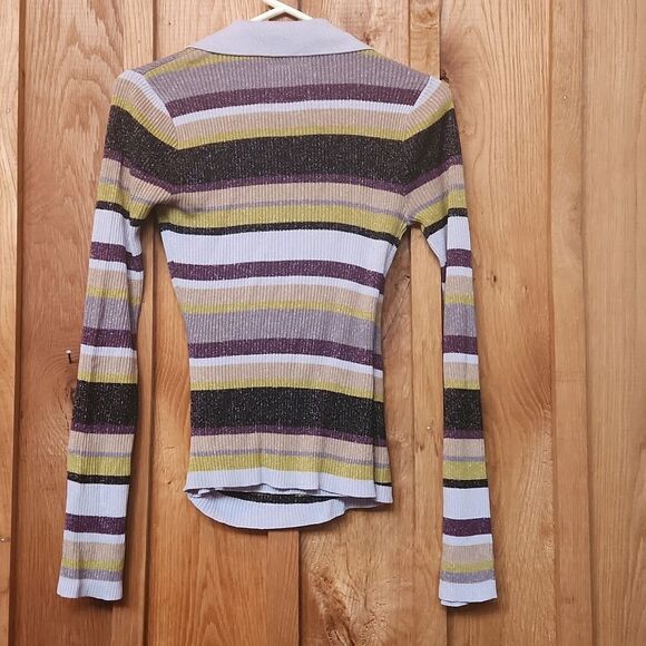 NEW Chaser Faux Wrap Metallic V-Neck Ribbed Sweater Small Black & Silver Stripes - Picture 2 of 9